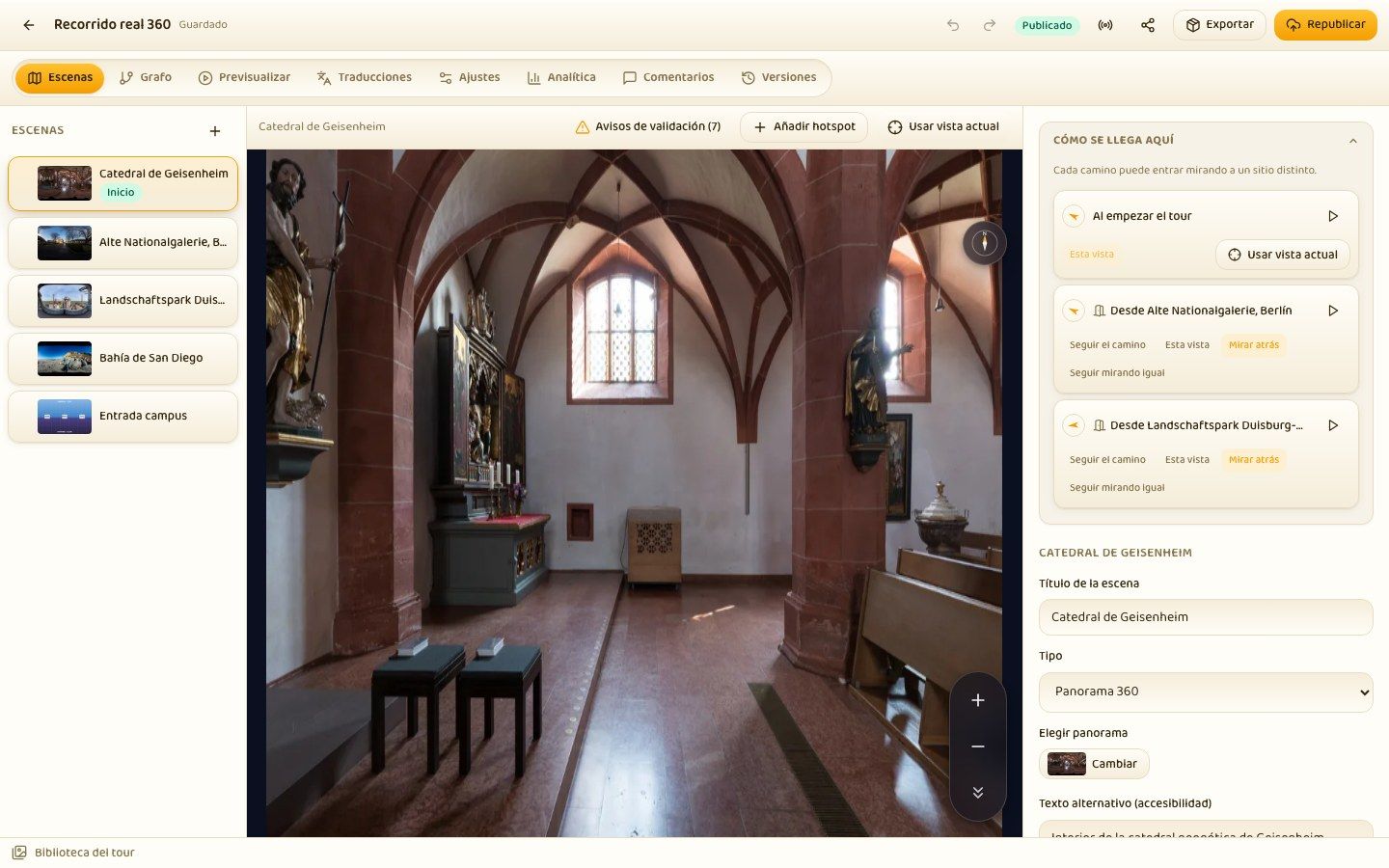 El editor de Andarama con una escena de la catedral de Geisenheim, la lista de escenas a la izquierda y el panel de llegadas a la derecha